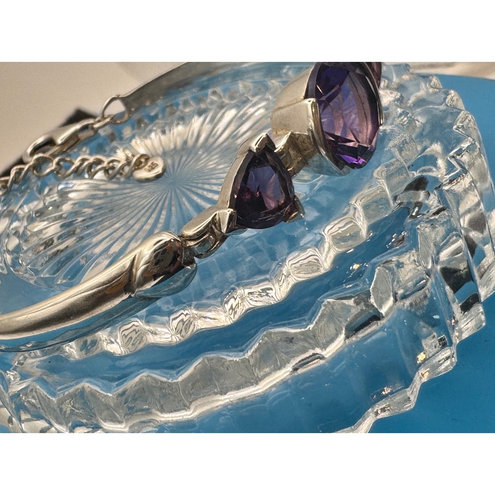 Sterling Silver Amethyst Bangle Bracelet with 3 large Amethyst 16g - Picture 6 of 11